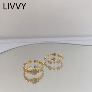 LIVVY خاتم افتتاح ذهبي اللون للنساء الزفاف زوجين جديد خمر الإبداعية اللؤلؤ مجوهرات اكسسوارات الحفلات اتجاه 2021