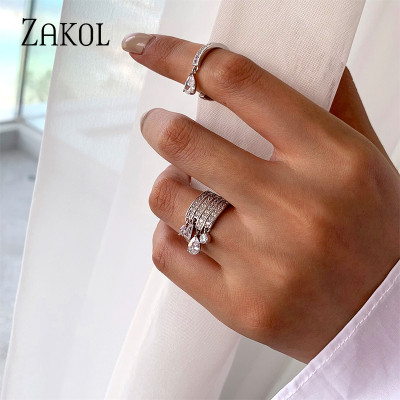 ZAKOL العلامة التجارية كوريا متعدد الطبقات الزركون خواتم الخطبة المفتوحة للنساء موضة قطرة الماء مجوهرات الحفلات